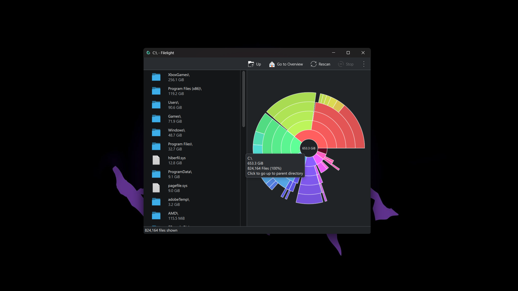 Filelight running on Windows, showing folders on the C: drive.”