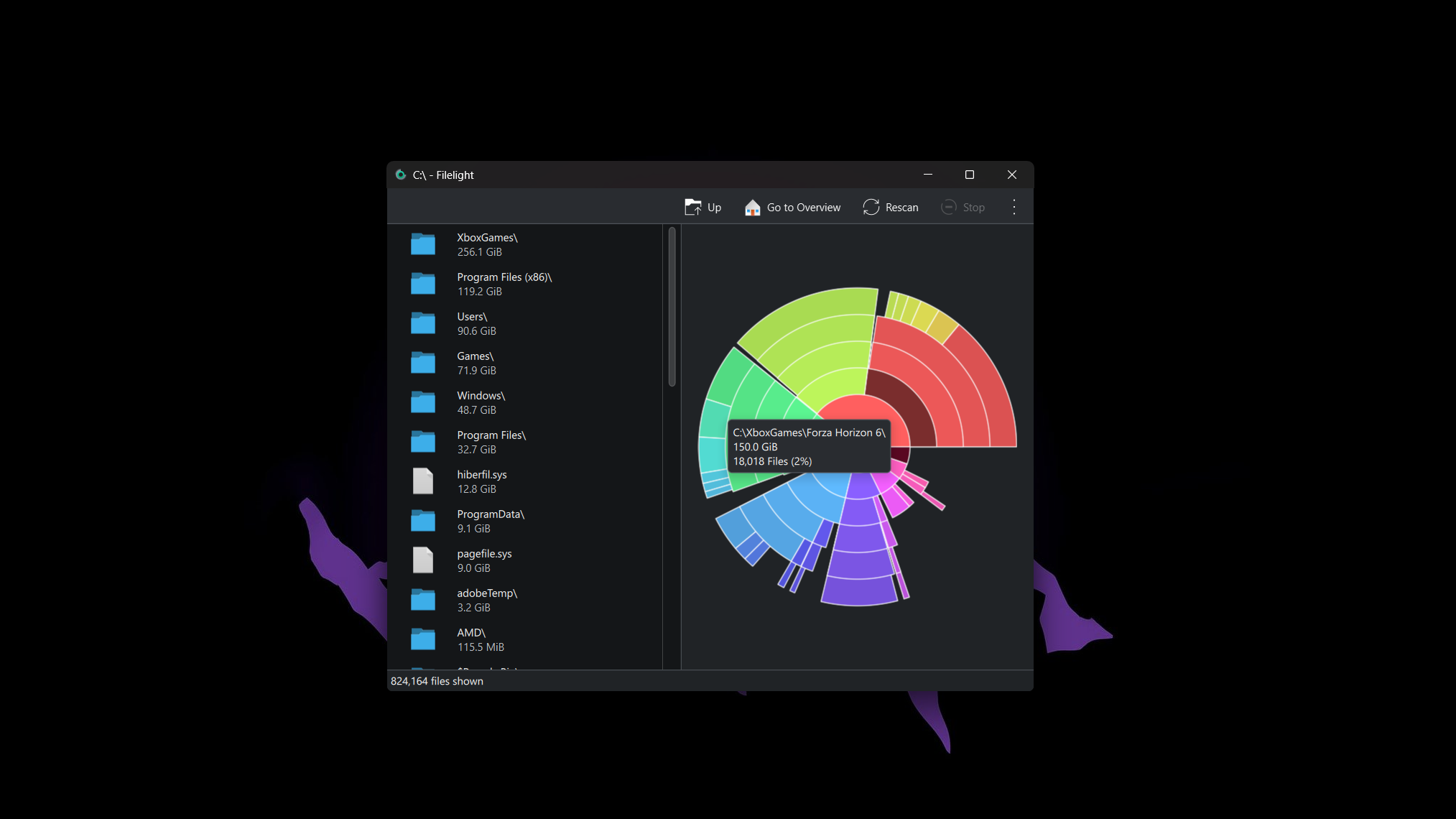 Filelight running on Windows, showing folders on the C: drive.