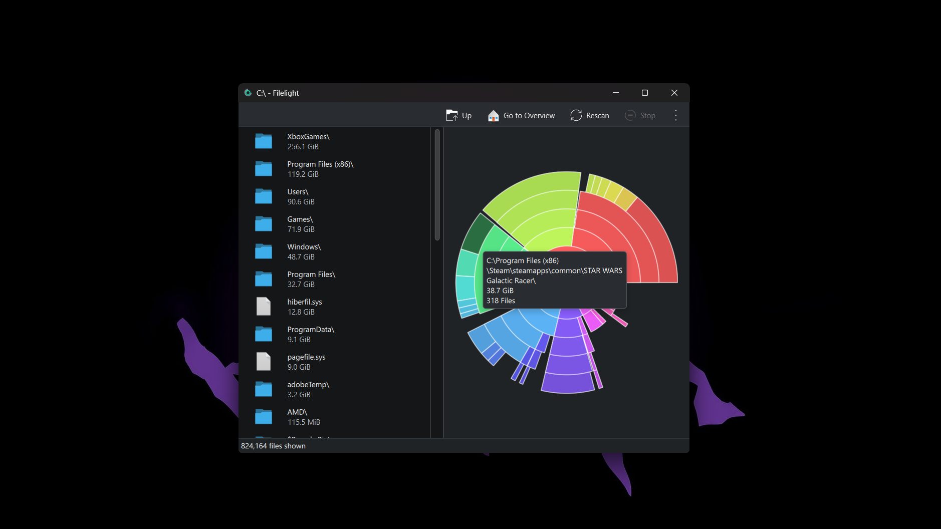 Filelight running on Windows, showing folders on the C: drive.