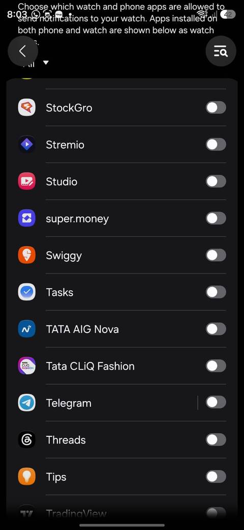 Samsung Galaxy Wearable app showing notification settings for individual apps, including StockGro, Stremio, Studio, Swiggy, Telegram, and Threads, with notification toggles turned off.