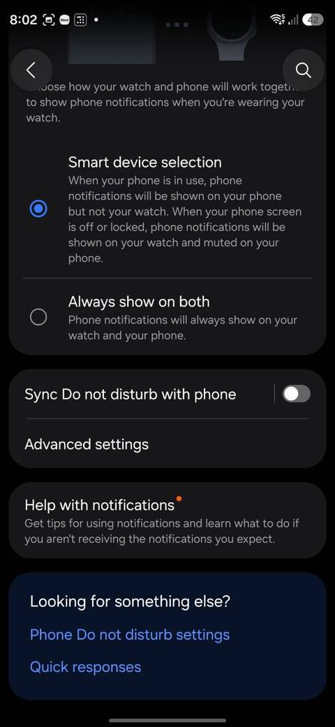 Samsung Galaxy Wearable notification settings showing Smart device selection enabled, the option to always show notifications on both devices, Do Not Disturb sync, and advanced notification settings.