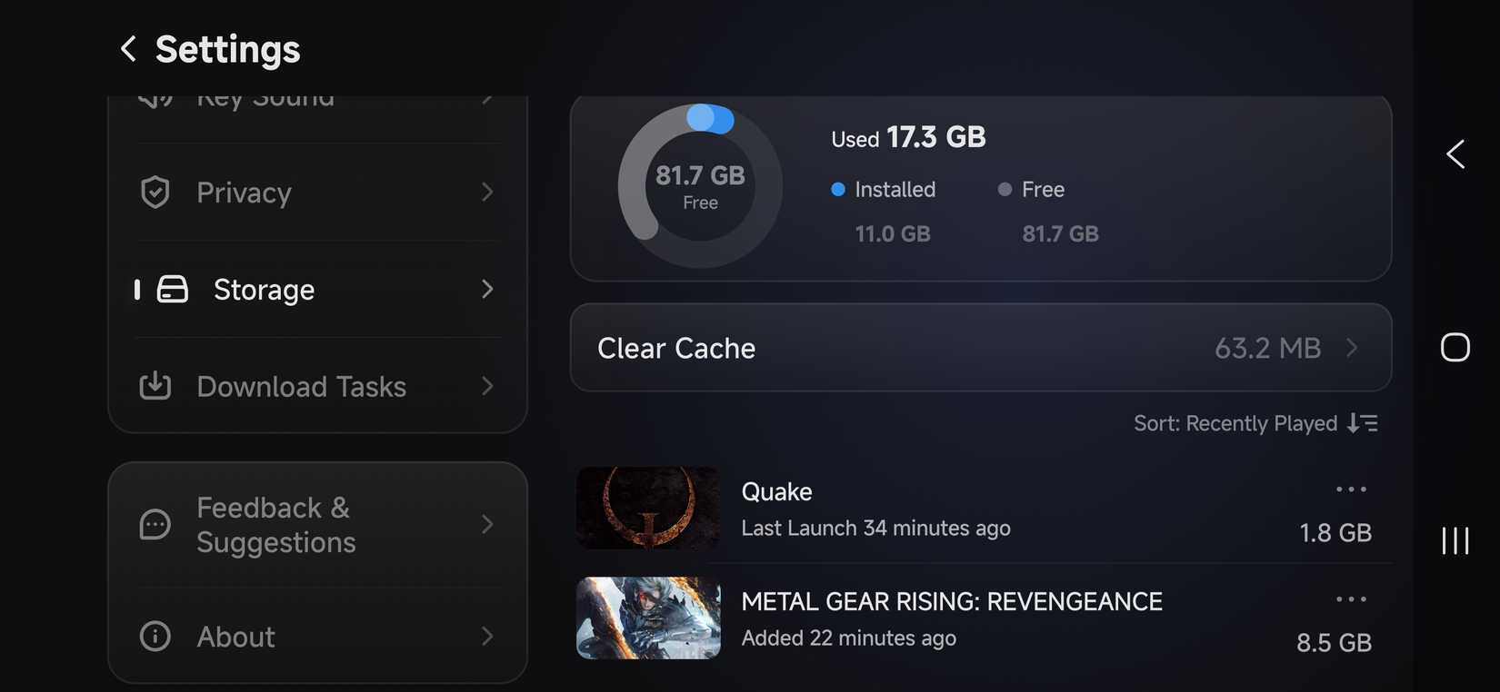 GameHub's storage settings on Android, showing 17.3 GB of used storage, 81.7 GB free, and installed PC games including Quake and Metal Gear Rising: Revengeance.