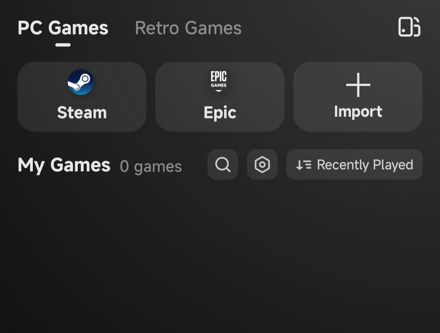 GameHub PC Games screen showing options to connect Steam and Epic Games accounts or import games manually.