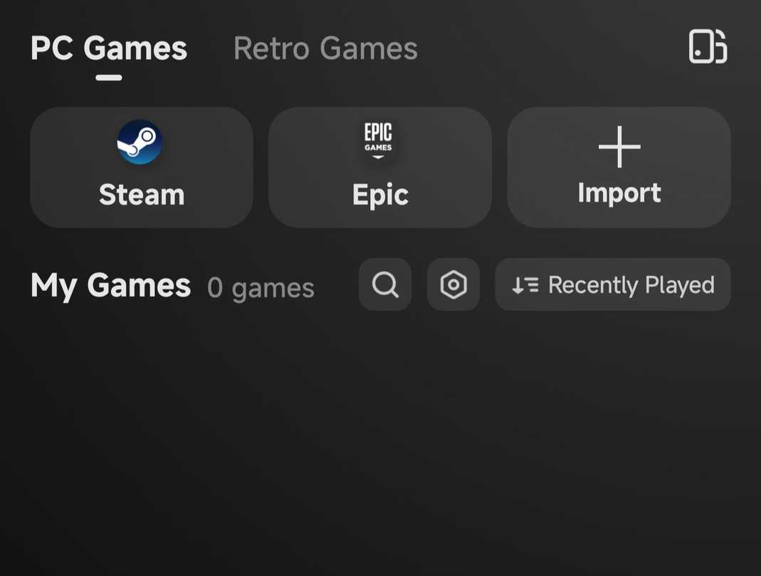 GameHub PC Games screen showing options to connect Steam and Epic Games accounts or import games manually.