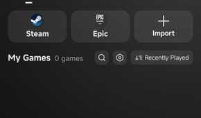 GameHub PC Games screen showing options to connect Steam and Epic Games accounts or import games manually.