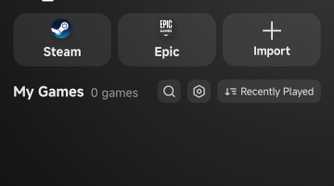 GameHub PC Games screen showing options to connect Steam and Epic Games accounts or import games manually.