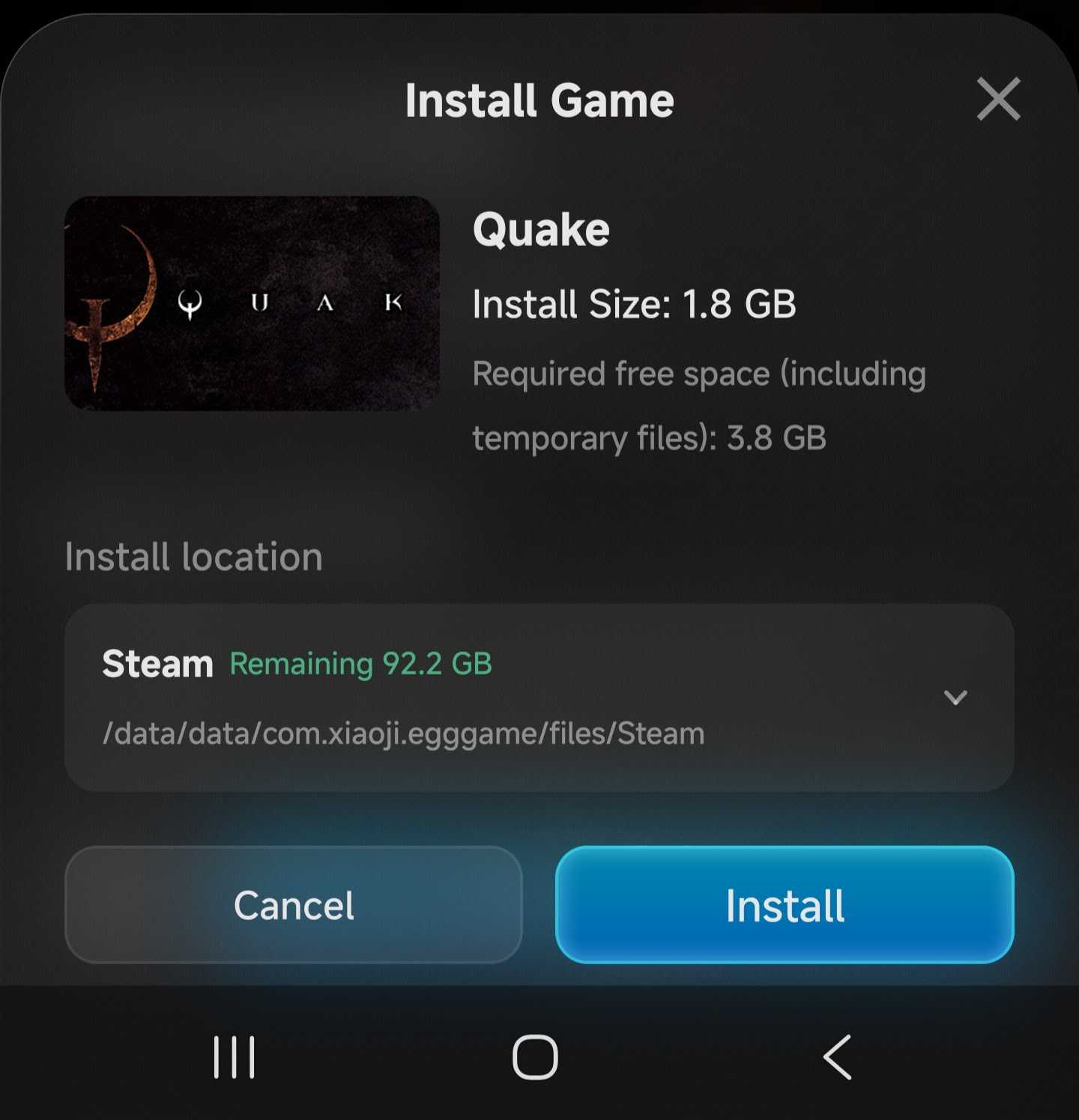 GameHub installation screen for Quake on Android, showing the game's storage requirements and installation location.