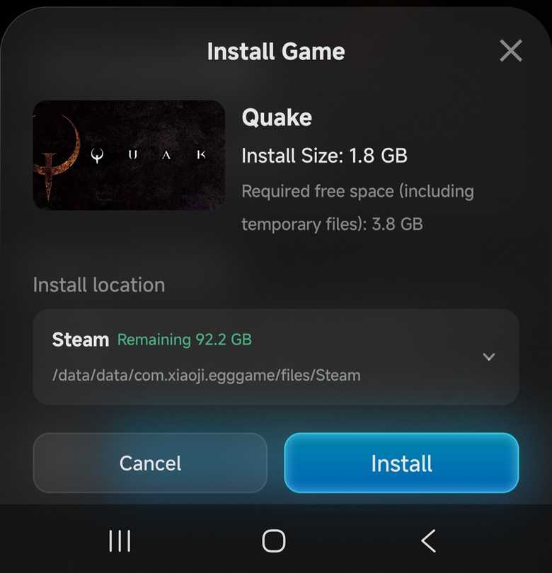 GameHub installation screen for Quake on Android, showing the game's storage requirements and installation location.