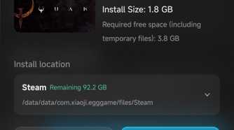 GameHub installation screen for Quake on Android, showing the game's storage requirements and installation location.