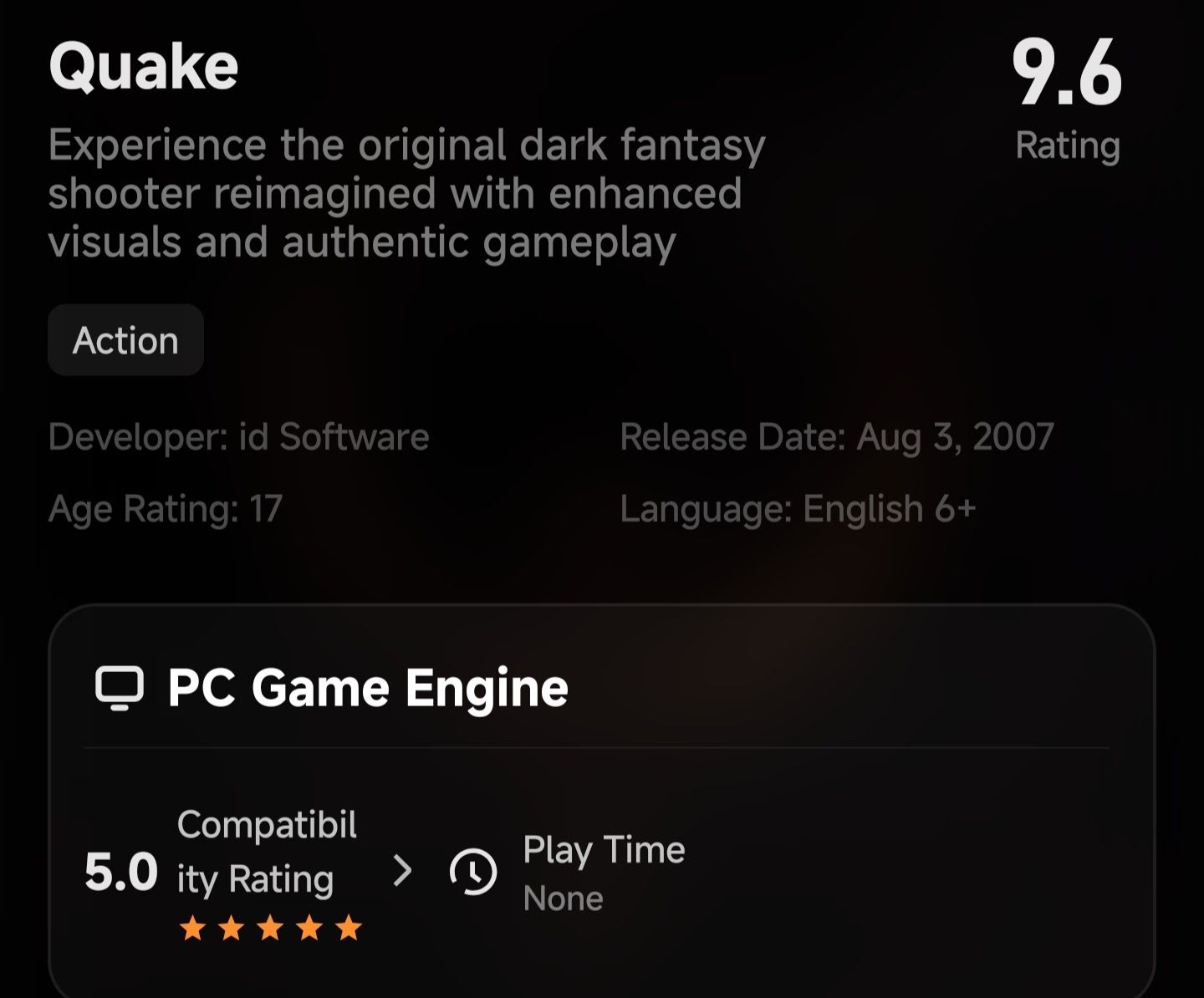 Quake's GameHub information page showing its 9.6 rating and five-star PC game compatibility rating.
