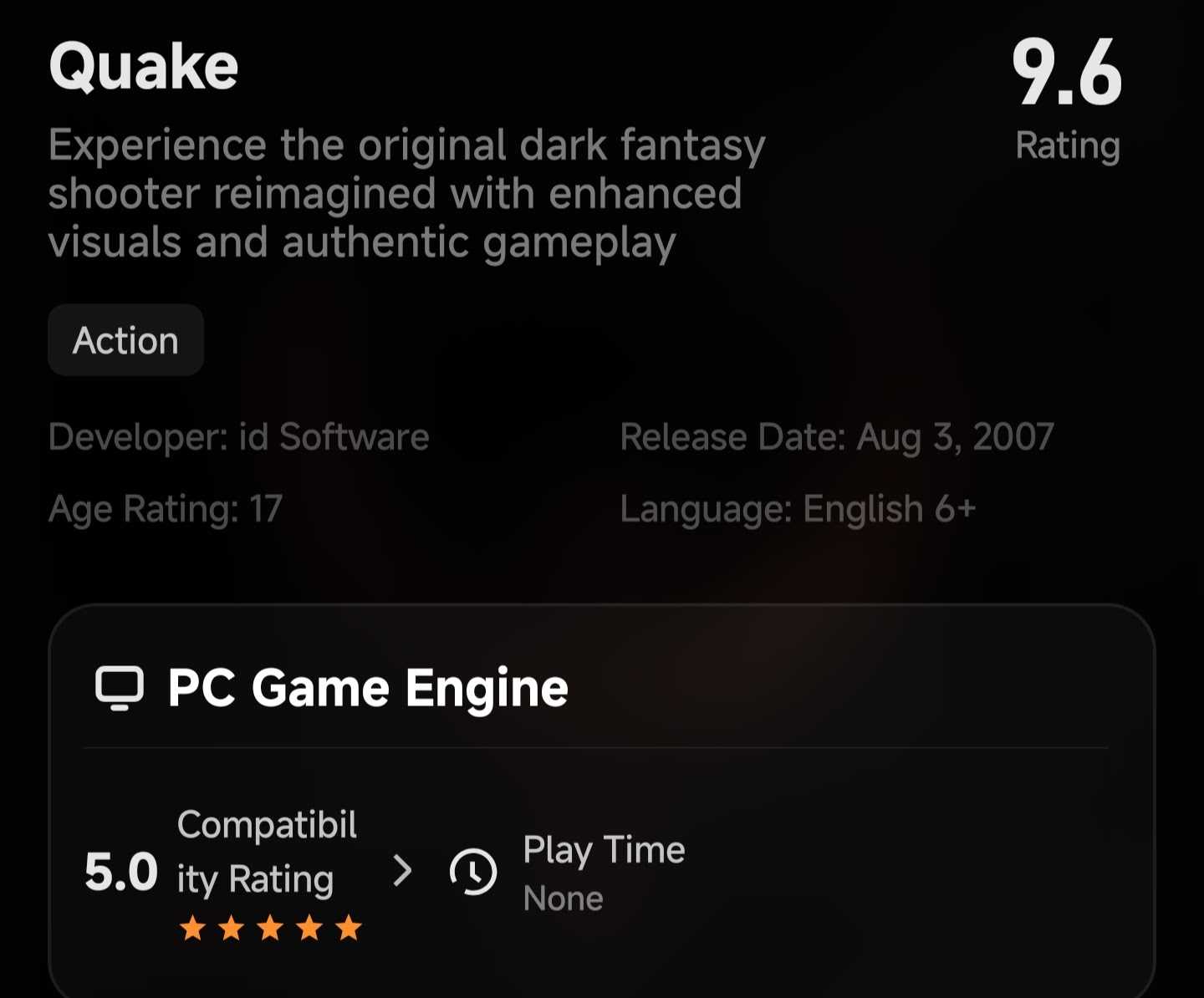 Quake's GameHub information page showing its 9.6 rating and five-star PC game compatibility rating.