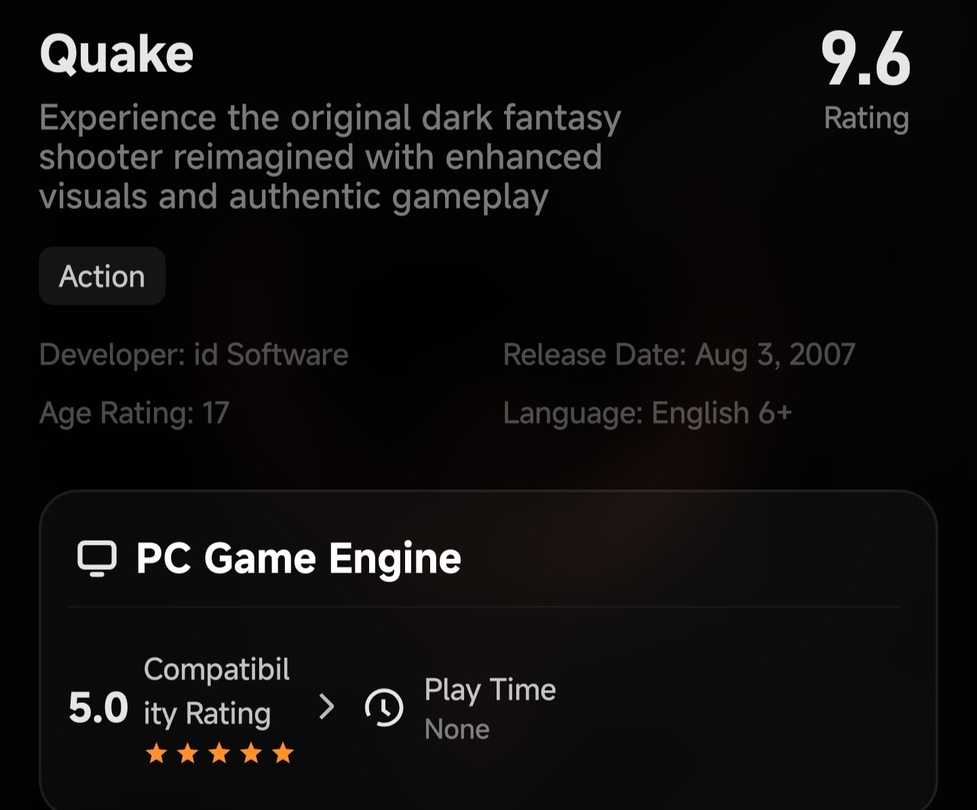 Quake's GameHub information page showing its 9.6 rating and five-star PC game compatibility rating.
