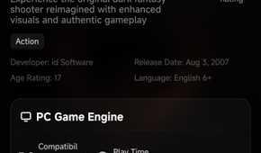 Quake's GameHub information page showing its 9.6 rating and five-star PC game compatibility rating.