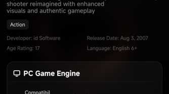 Quake's GameHub information page showing its 9.6 rating and five-star PC game compatibility rating.