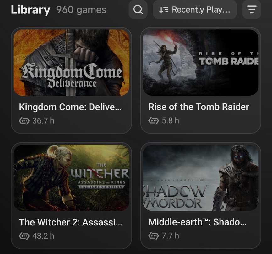 Steam game library displayed in GameHub on Android, showing Kingdom Come: Deliverance, Rise of the Tomb Raider, The Witcher 2, and Middle-earth: Shadow of Mordor.
