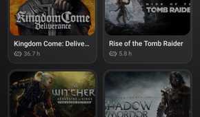 Steam game library displayed in GameHub on Android, showing Kingdom Come: Deliverance, Rise of the Tomb Raider, The Witcher 2, and Middle-earth: Shadow of Mordor.