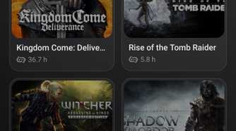 Steam game library displayed in GameHub on Android, showing Kingdom Come: Deliverance, Rise of the Tomb Raider, The Witcher 2, and Middle-earth: Shadow of Mordor.