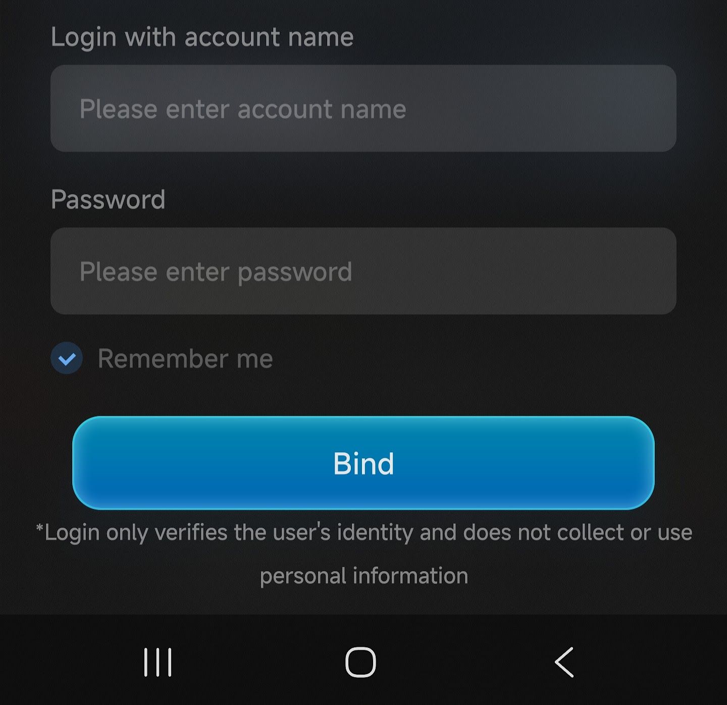 GameHub Steam account login screen with username and password fields and a blue Bind button.