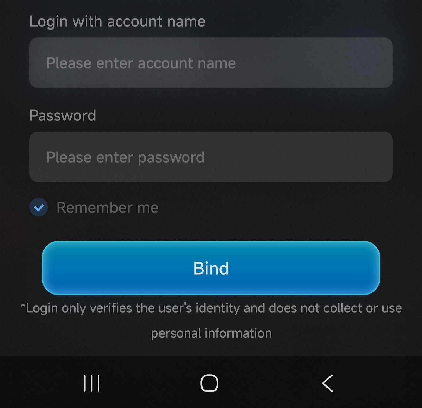 GameHub Steam account login screen with username and password fields and a blue Bind button.