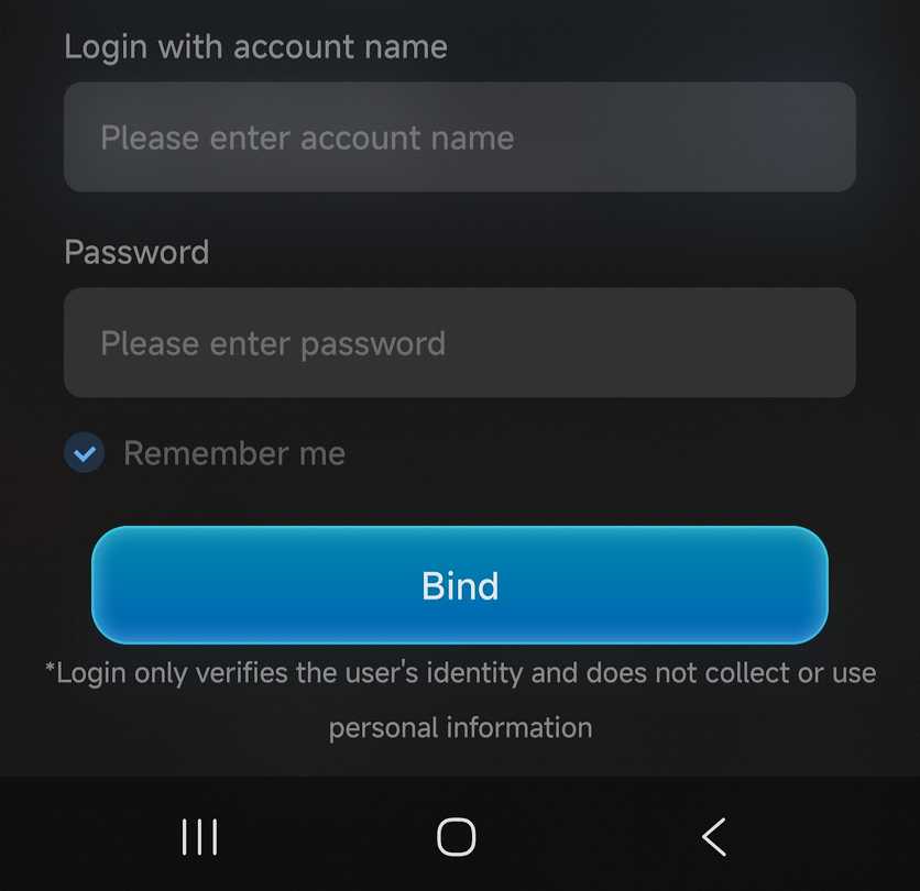 GameHub Steam account login screen with username and password fields and a blue Bind button.