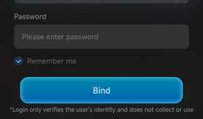 GameHub Steam account login screen with username and password fields and a blue Bind button.