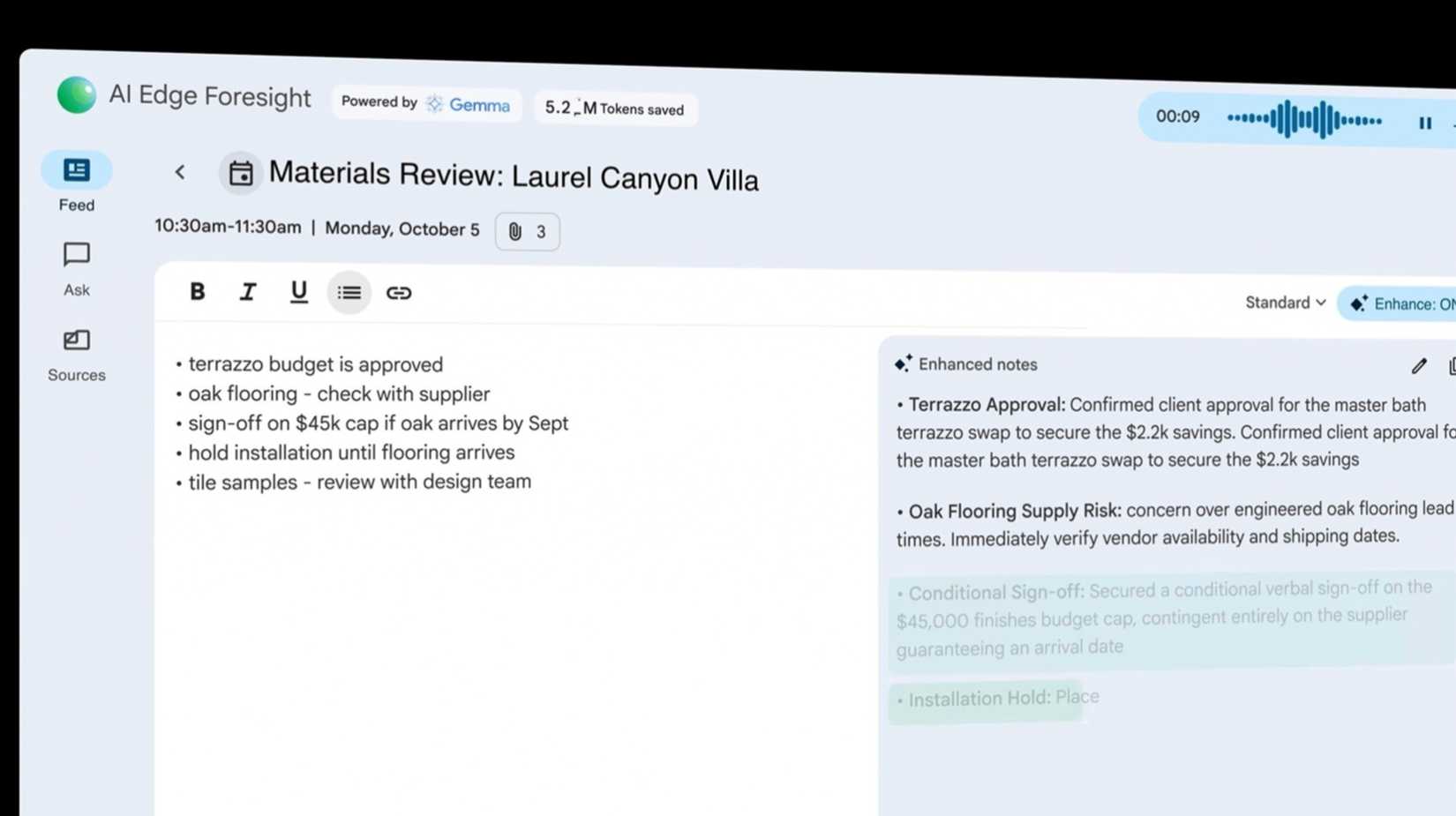 AI Edge Foresight showing AI-enhanced meeting notes, with shorthand notes on the left and expanded summaries, risks, approvals, and action items generated on the right.