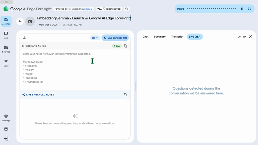 Google AI Edge Foresight showing its **Live Enhanced Notes and Live Q&A** interface, with shorthand notes on the left and a panel on the right for questions detected during the conversation.