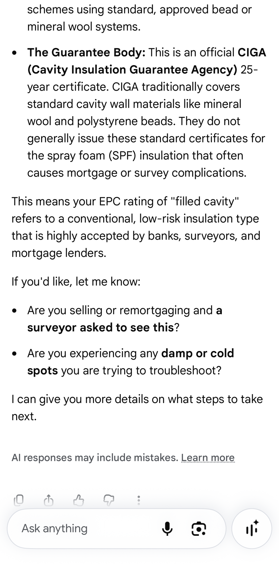 Google Lens displaying details about a CIGA cavity insulation guarantee certificate and EPC rating.
