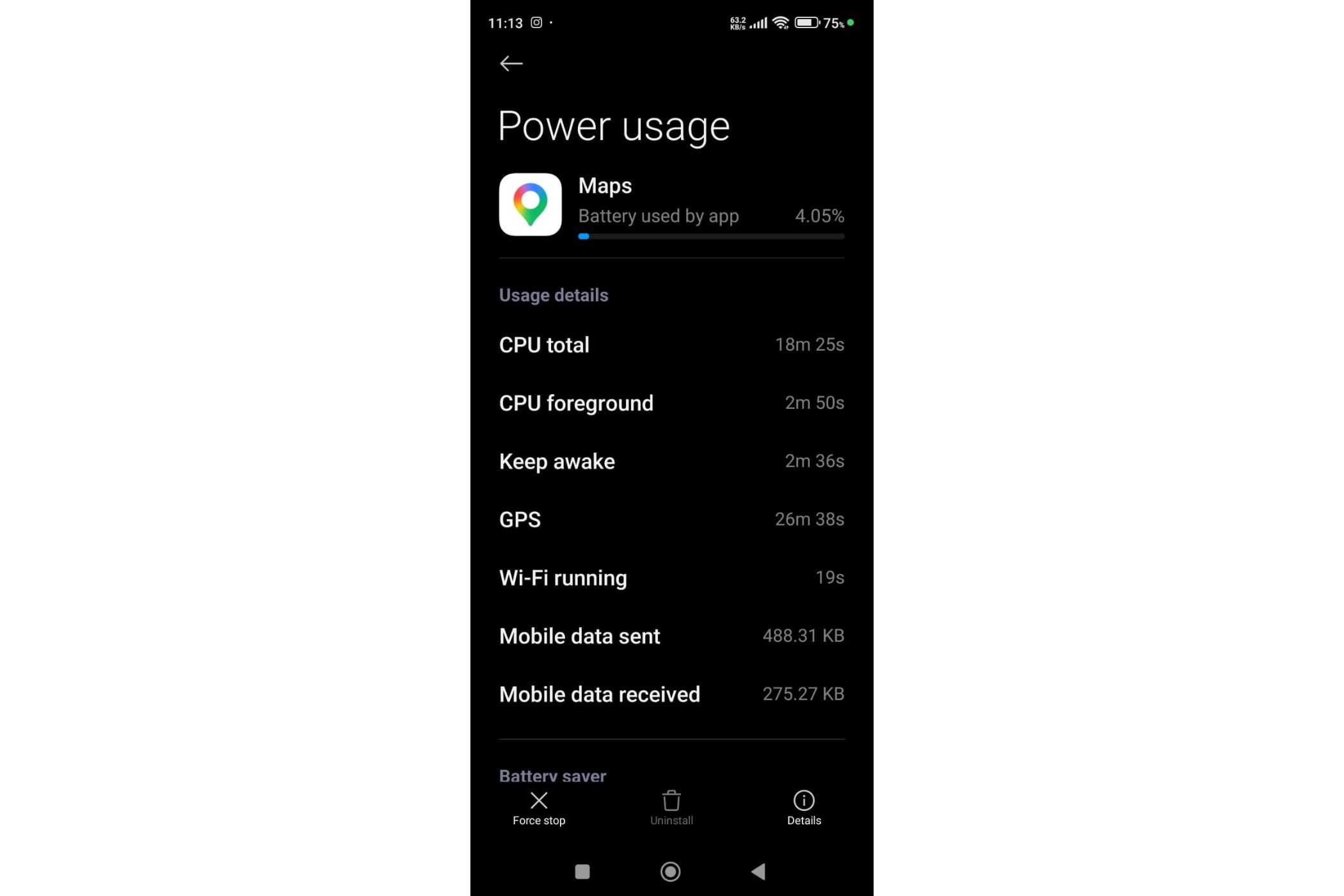 Detailed breakdown of Google Maps battery consumption