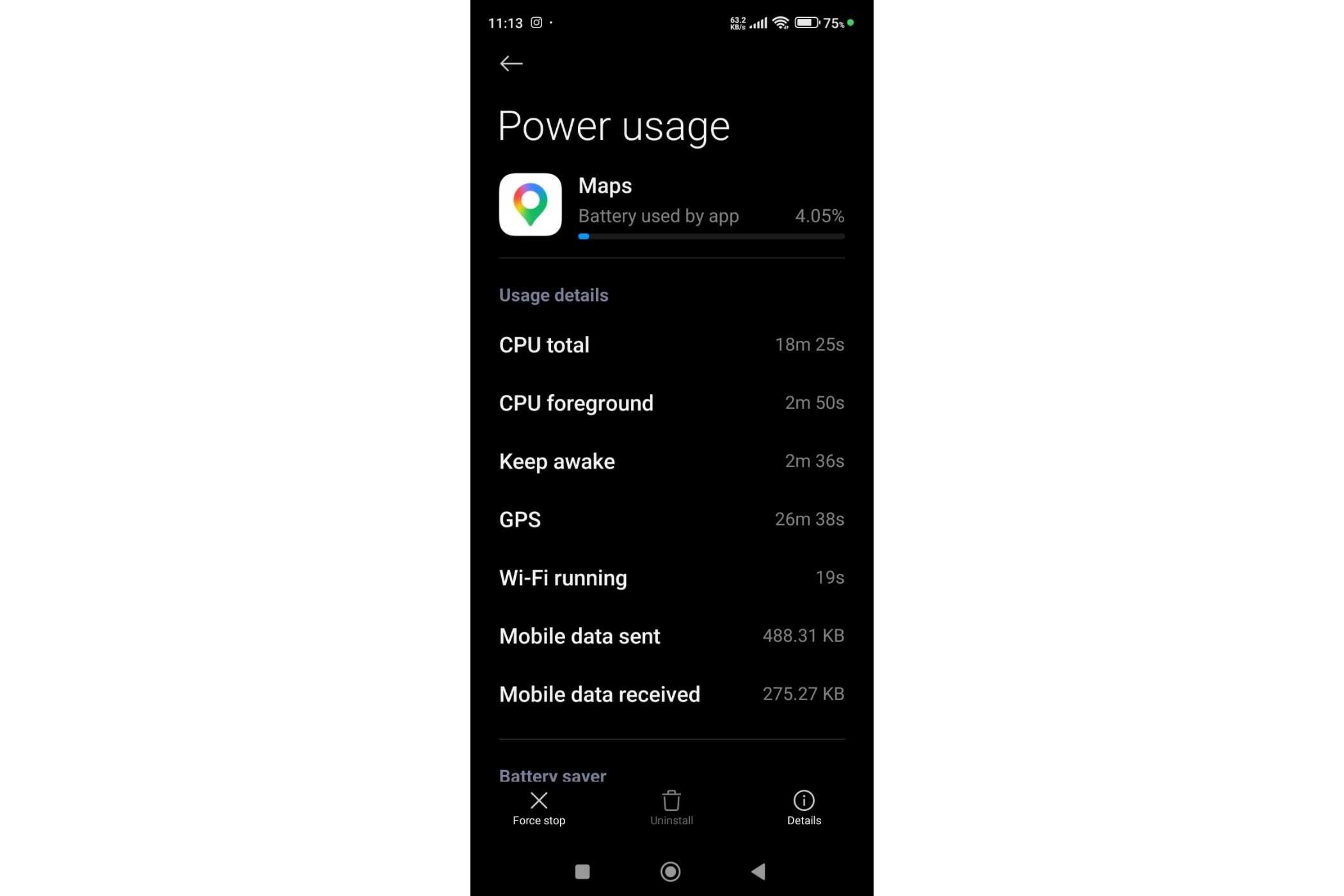 Detailed breakdown of Google Maps battery consumption