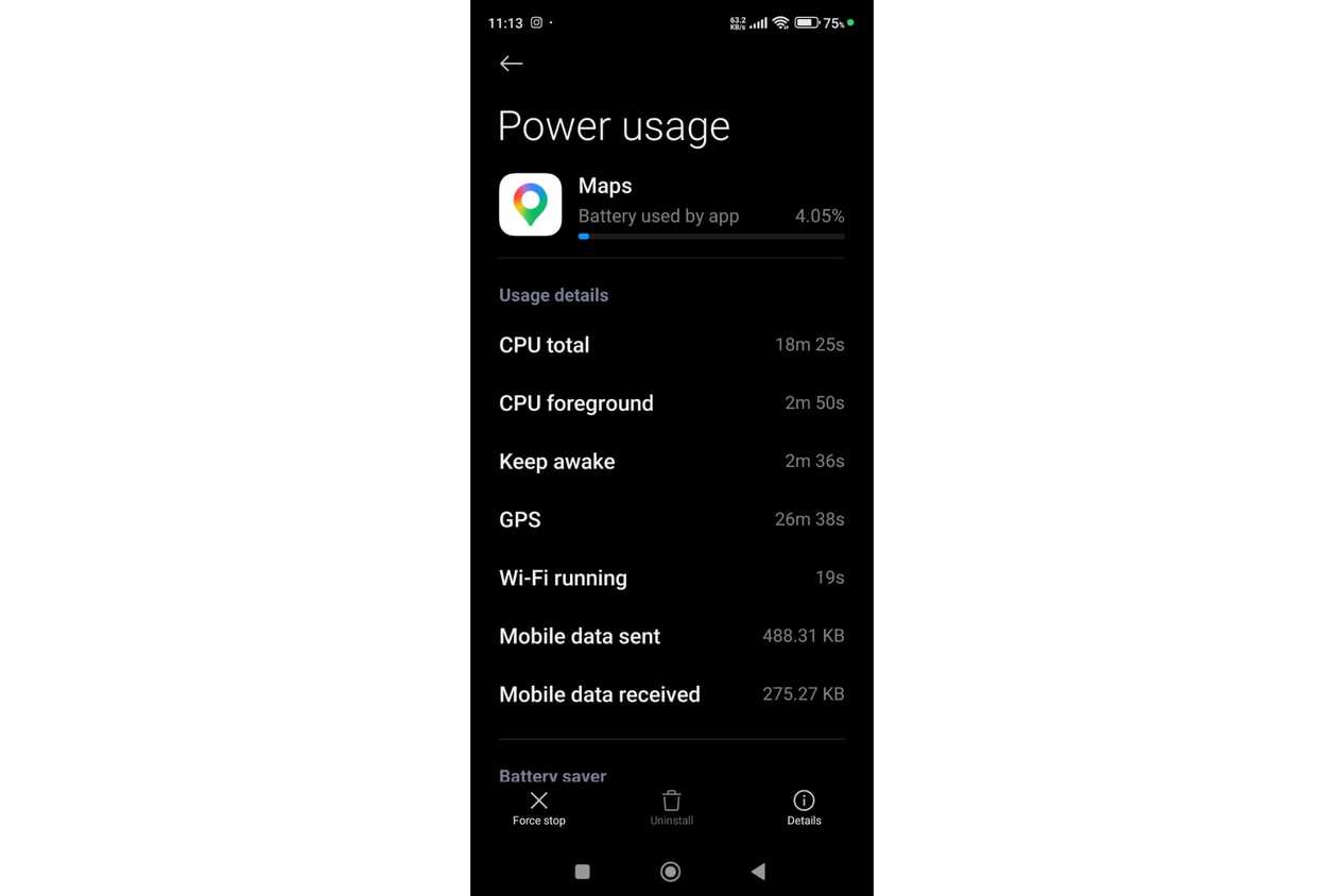 Detailed breakdown of Google Maps battery consumption