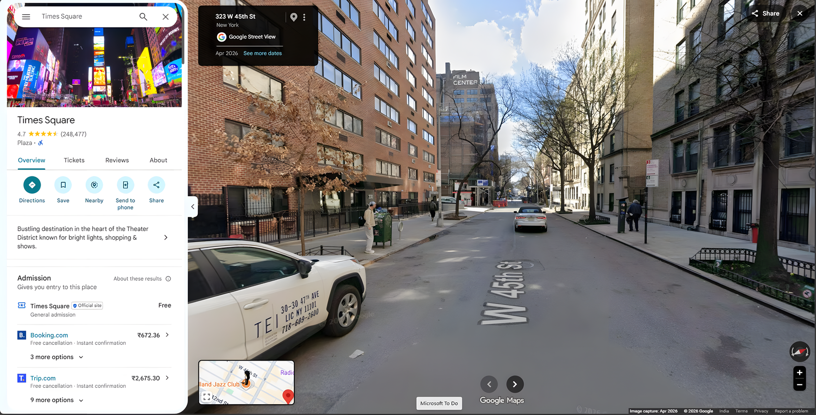 Google Maps Street View showing a street near Times Square in New York City, with the Times Square place panel open on the left.