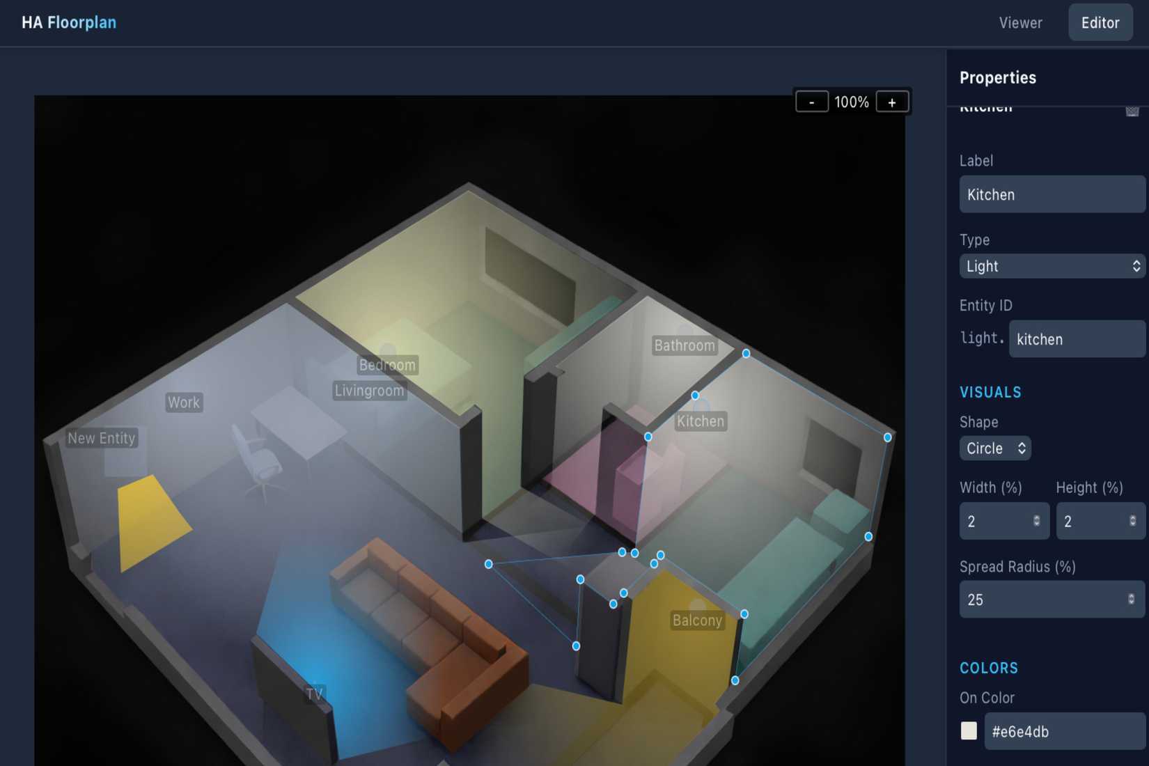 HA Floorplan Card editor displaying a 3D floor plan with a designated lighting area