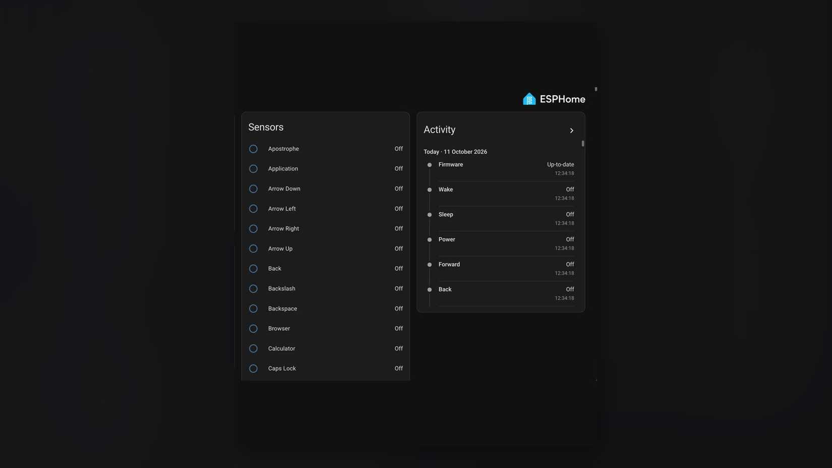 Home Assistant dashboard showing individual keyboard keys as sensors.
