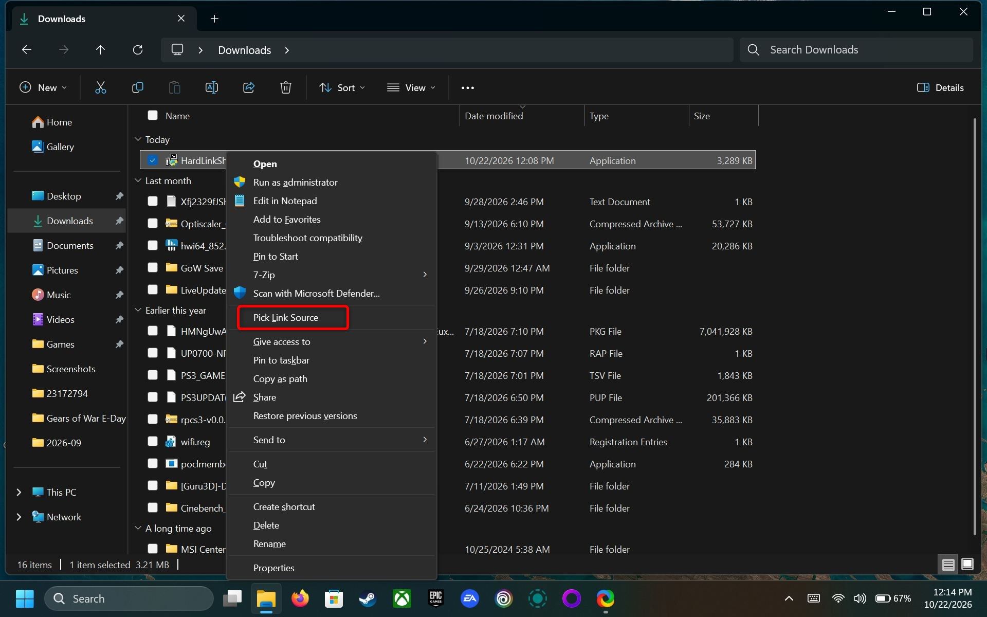 The classic Windows 11 right-click menu, opened via Show more options in File Explorer, with the focus on the Pick Link Source button.