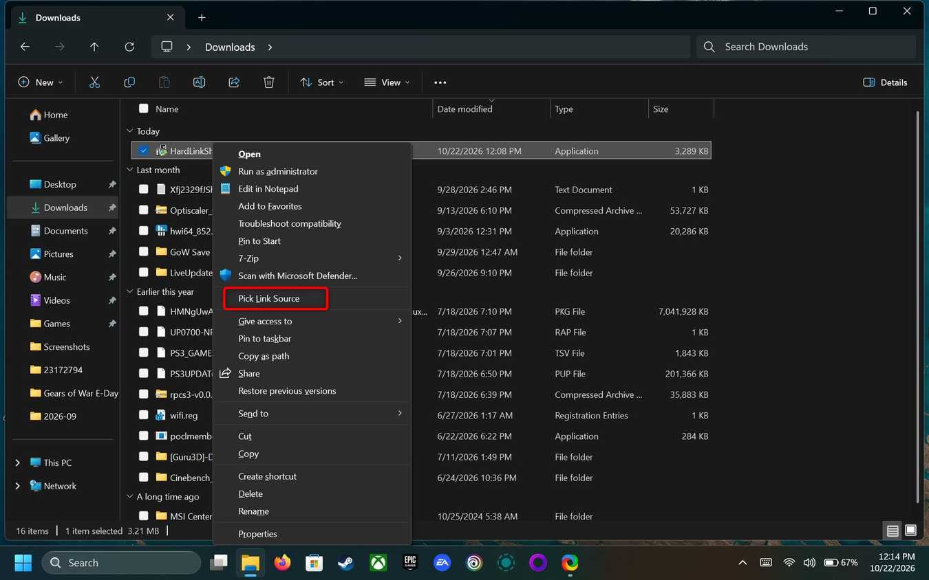 The classic Windows 11 right-click menu, opened via Show more options in File Explorer, with the focus on the Pick Link Source button.