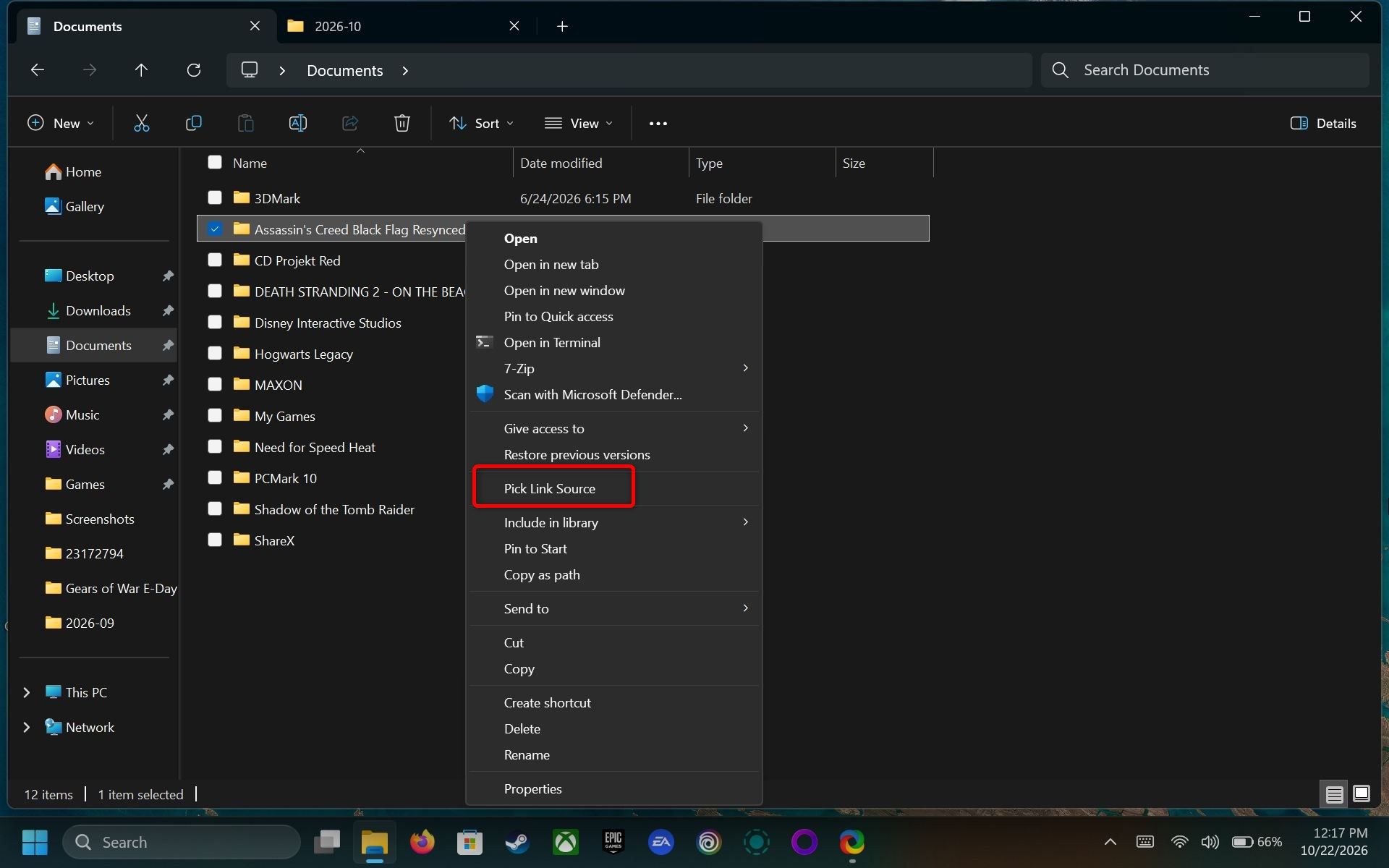 The classic Windows 11 right-click menu, opened via Show more options in File Explorer, with the focus on the Pick Link Source button.
