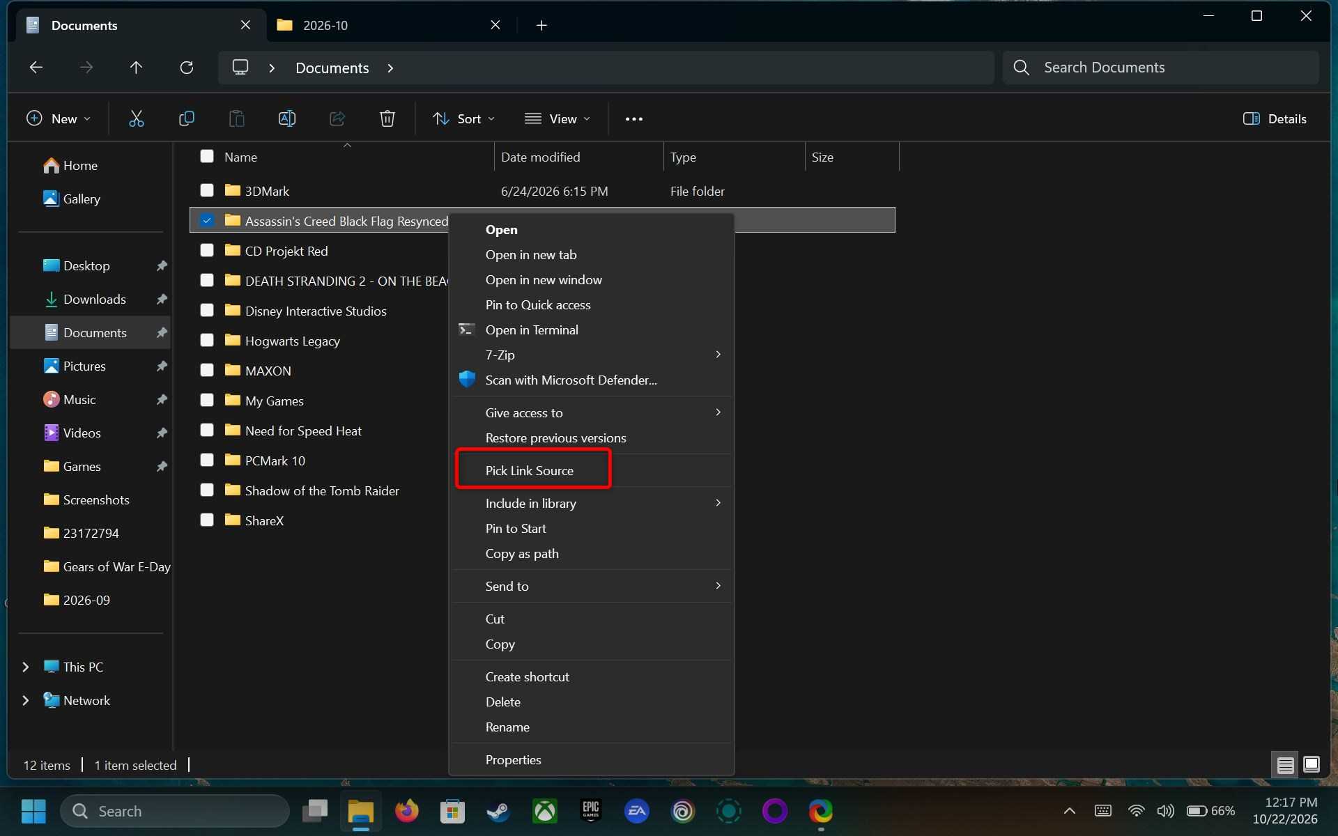 The classic Windows 11 right-click menu, opened via Show more options in File Explorer, with the focus on the Pick Link Source button.