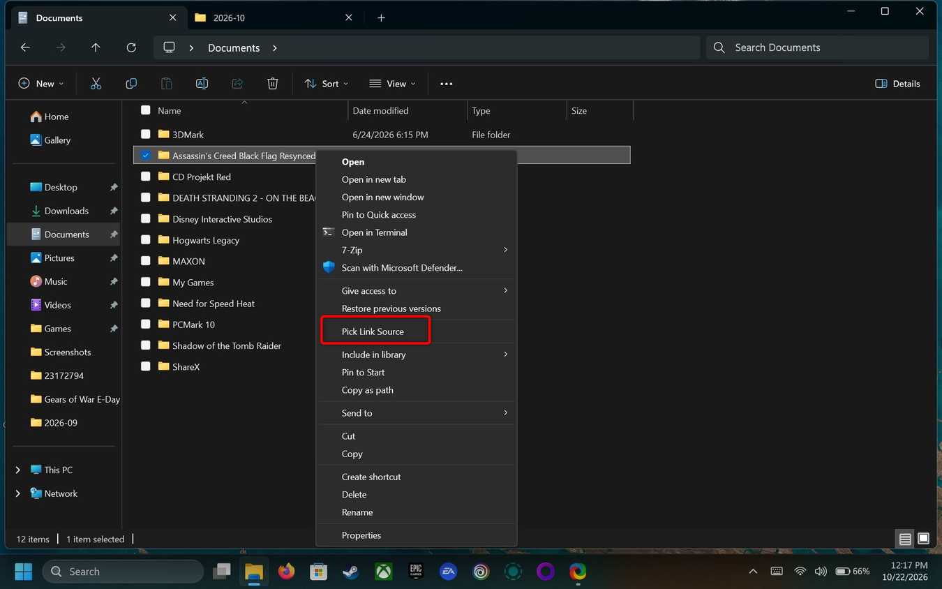 The classic Windows 11 right-click menu, opened via Show more options in File Explorer, with the focus on the Pick Link Source button.