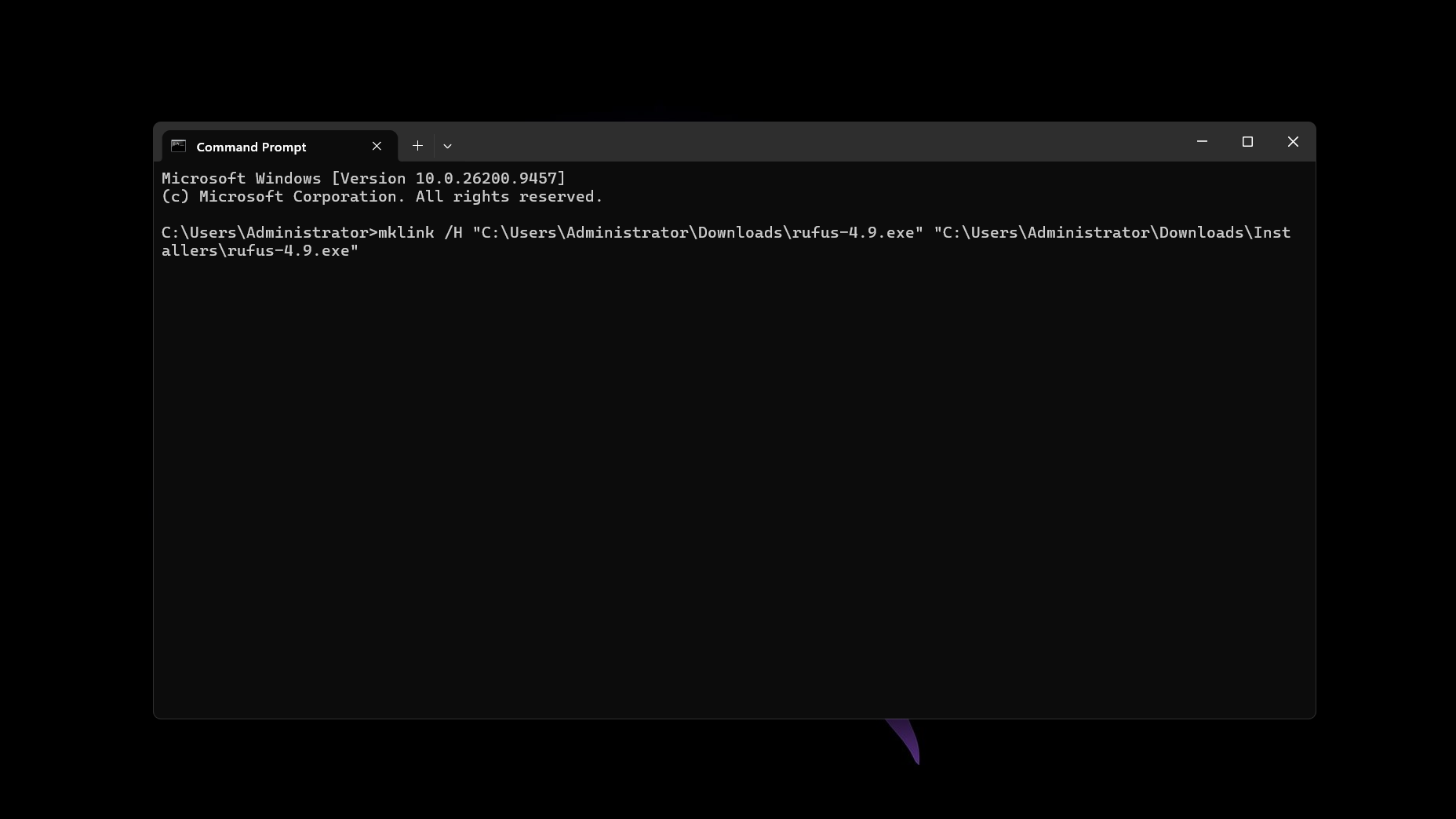 Running the hardlink command in Windows Command Prompt.