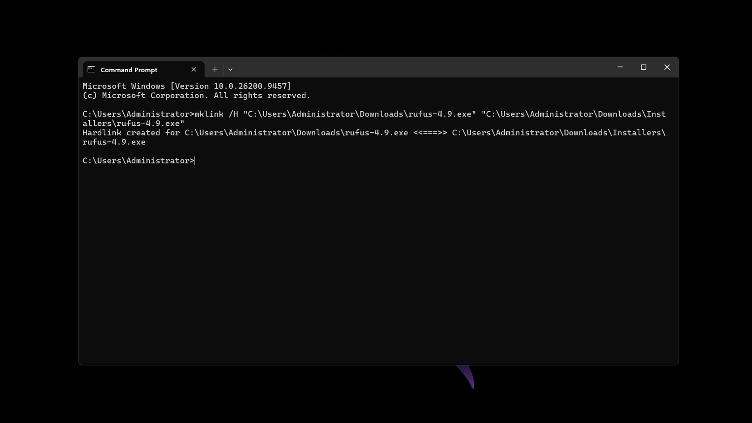 Executing the hardlink command in Windows Command Prompt.