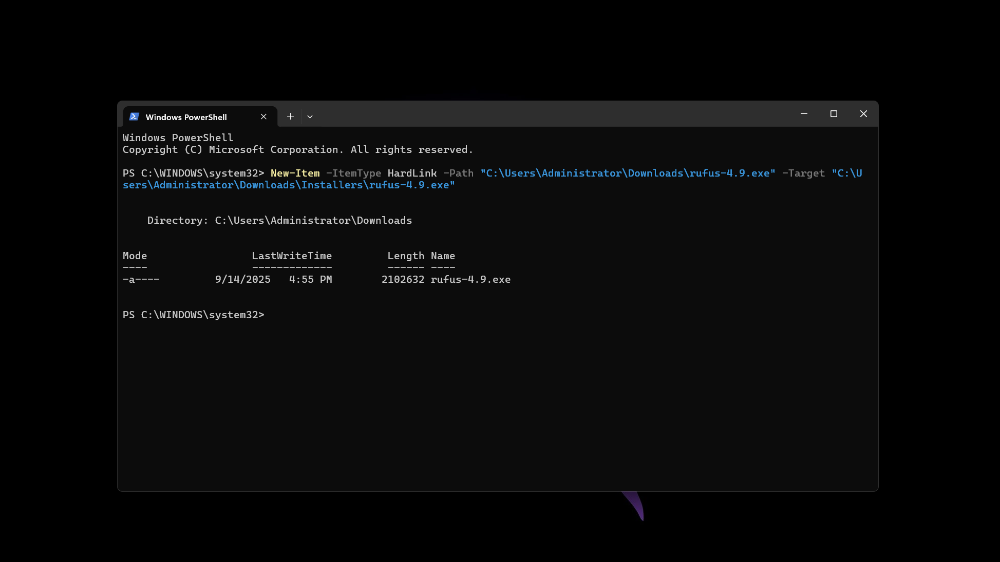 Executing the hardlink command in Power Shell.