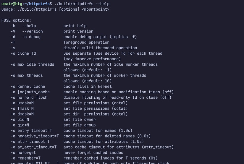 HTTPDirFS help shows the available command line options.