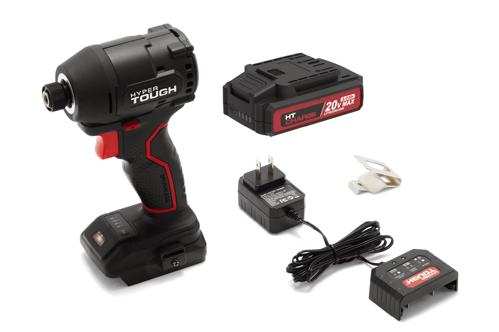 Hyper Tough's hydraulic impact driver bundle components including clip, battery, and charger.