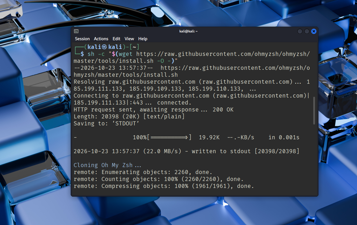 Installing Oh My Zsh using the official script and wget command.
