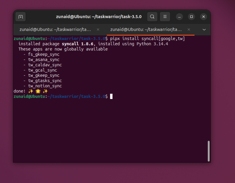Installing syncall via pipx on Linux.