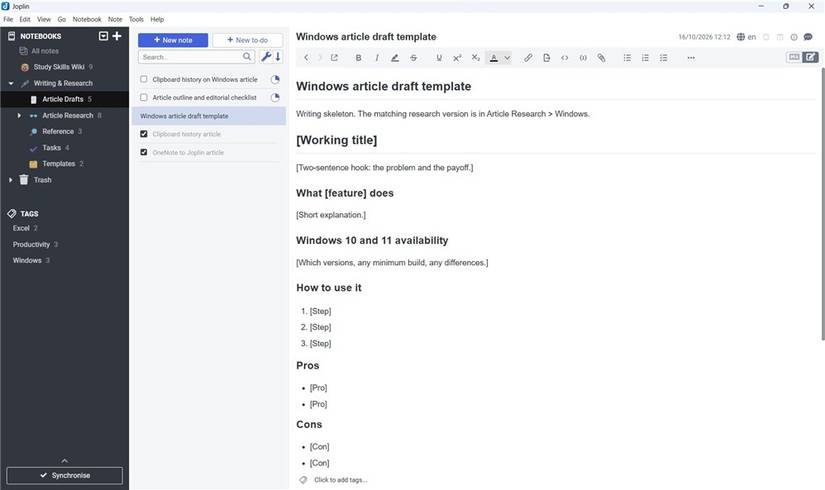 A note titled Windows article draft template selected in Joplin showing an article draft layout in the editor pane.