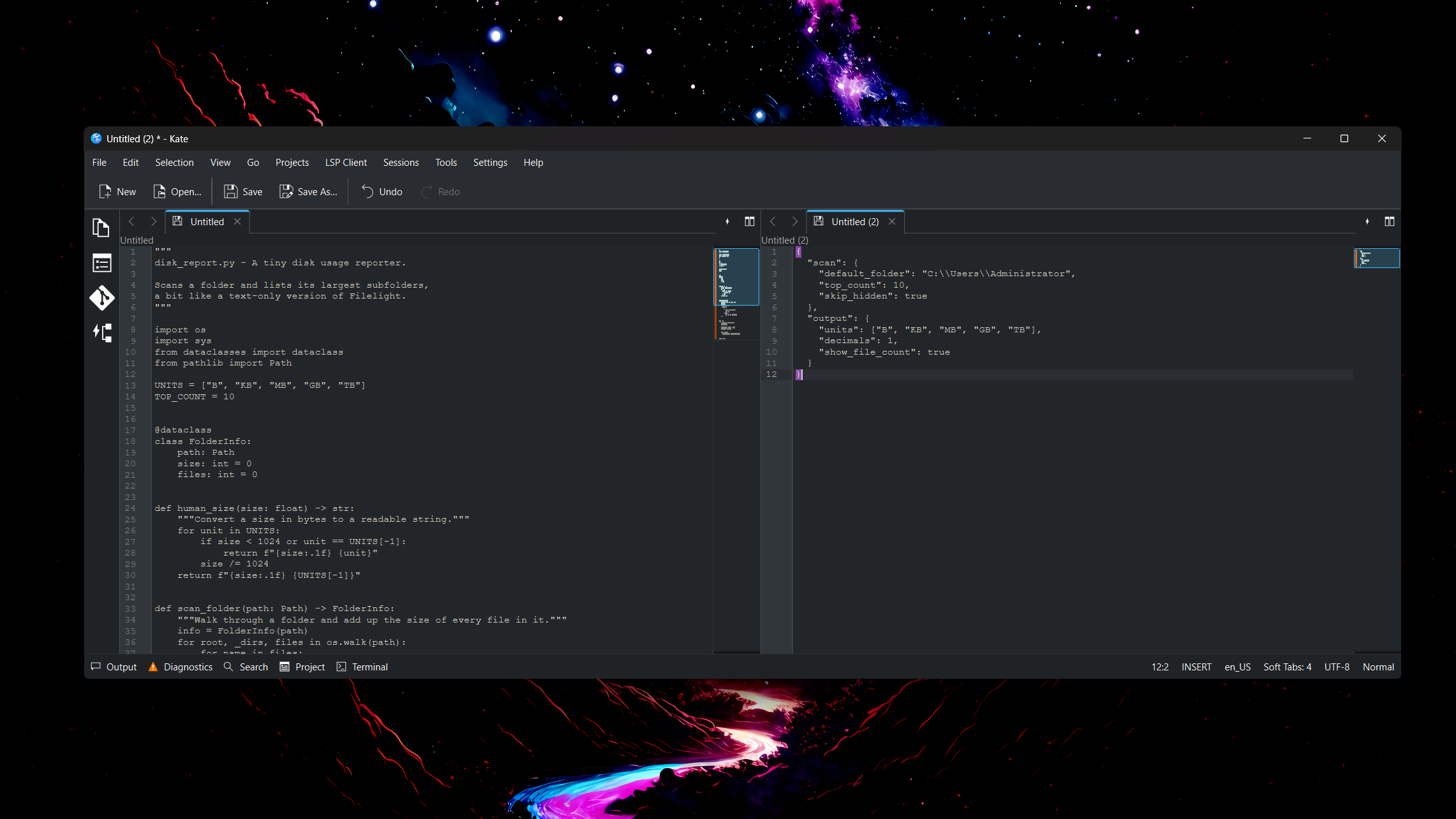 Kate running on A Windows PC in Split View mode.