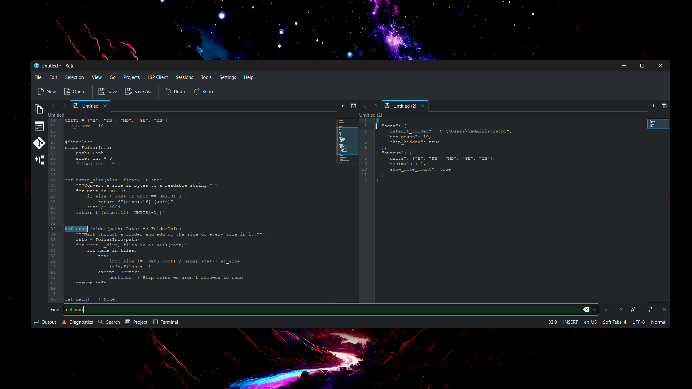 Kate running on A Windows PC in Split View mode.