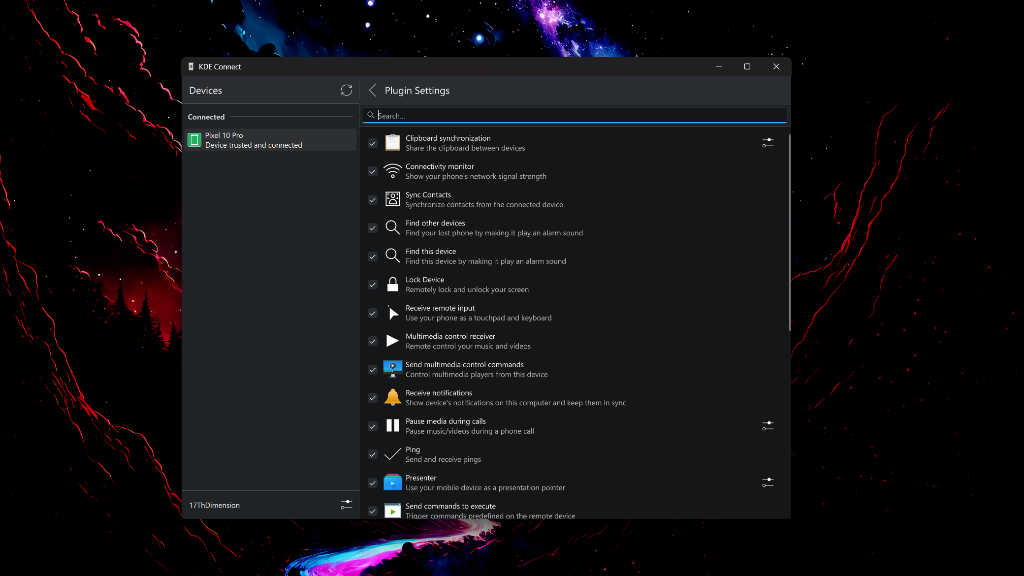 The Plugin Settings page in the Windows version of KDE Connect.